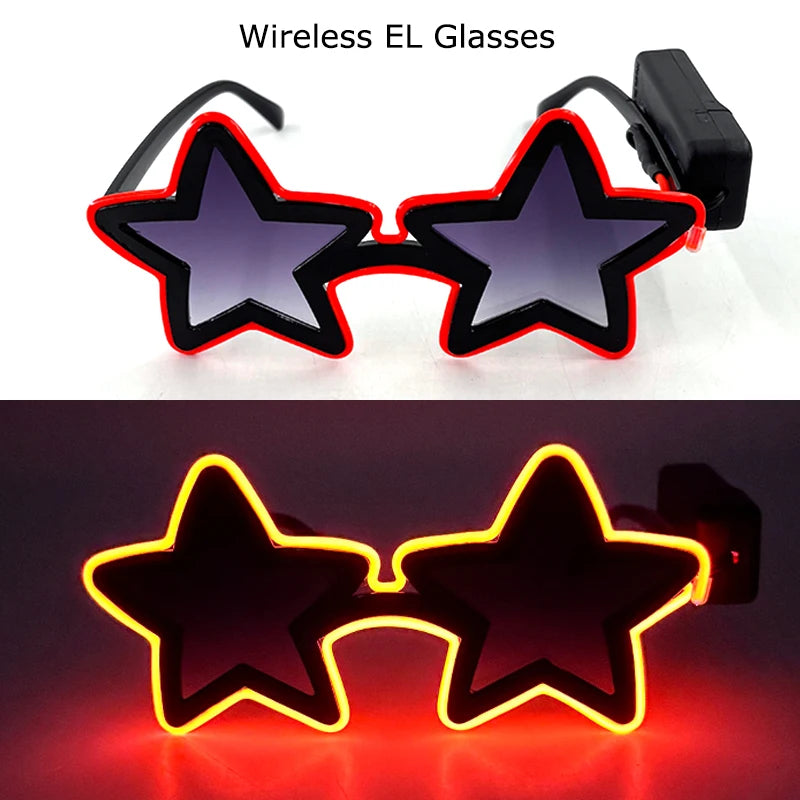 Wireless EL Glowing Party Glasses LED Light Up Five Stars Glasses Birthday Wedding Halloween Supplies Night Club Disco Props