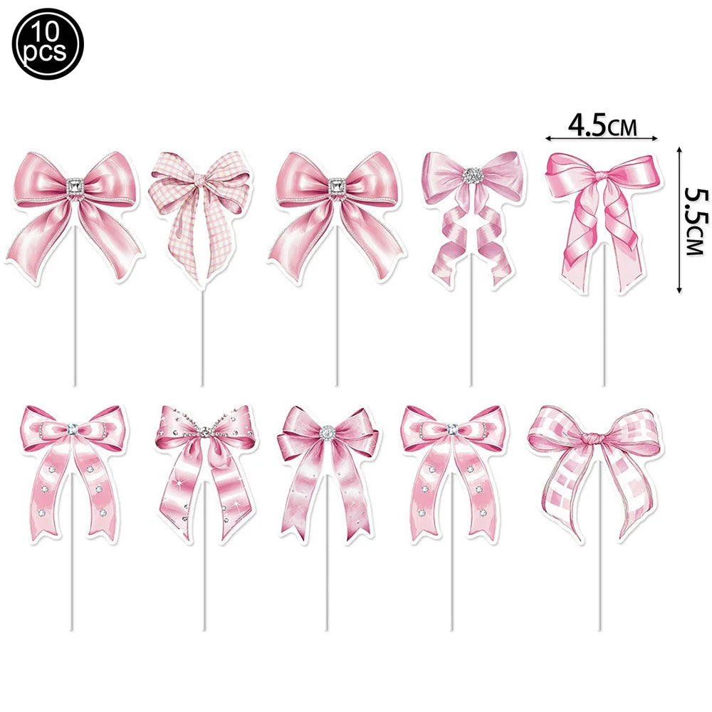 Bow Theme Party Supplies for Girl Pink Bow Cupcake Toppers Paper Drinking Straws Bridal Shower Bow Coquette Birthday Party Decor