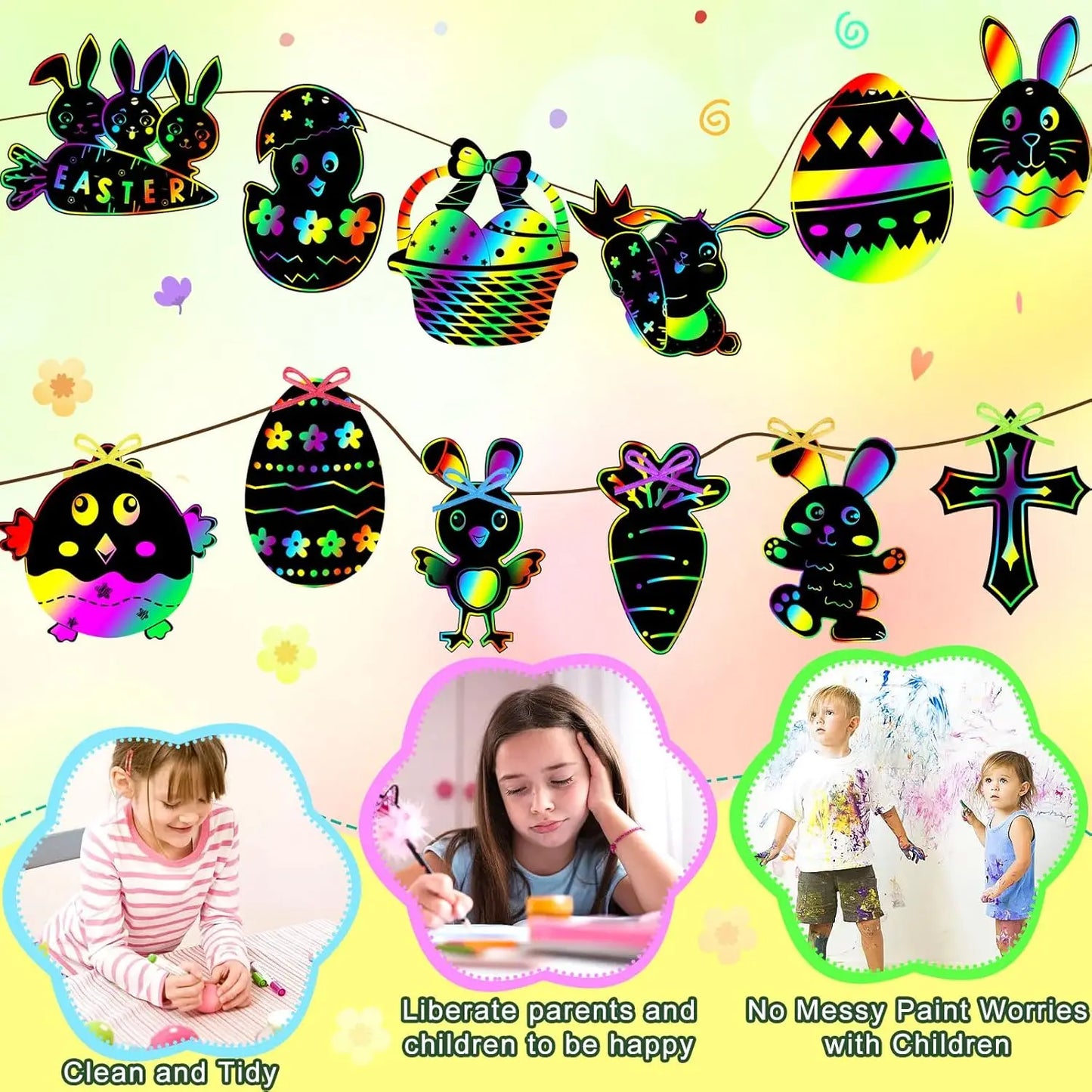 12pcs Easter Magic Scratch Paint Easter Eggs Crafts DIY for Making Holiday Gifts Egg Basket Fillers Party Decorations