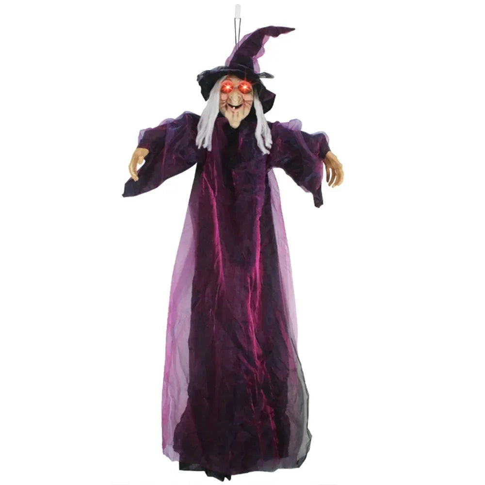 Halloween Life Size Talking Witch Outdoor Purple Spooky Animatronic Witch Decor Prop Halloween Decoration Red Eye Animated Witch
