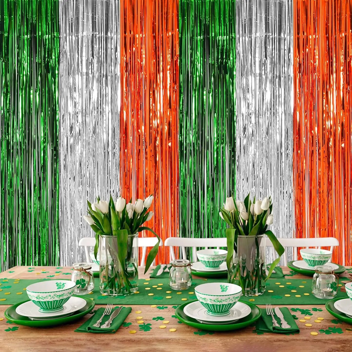 3 Pack St. Patrick's Day Foil Fringe Curtains Green White Orange Tinsel Fringe Photo Booth Prop Backdrop for Irish Party Decor
