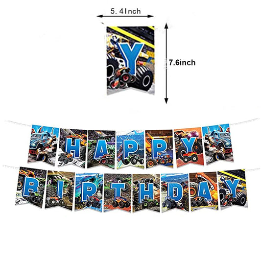 Monster Truck Birthday Party Paper Plates Cup Napkin Tablecloth Balloon Hanging Swirls Banner Monster Truck Birthday Party Decor