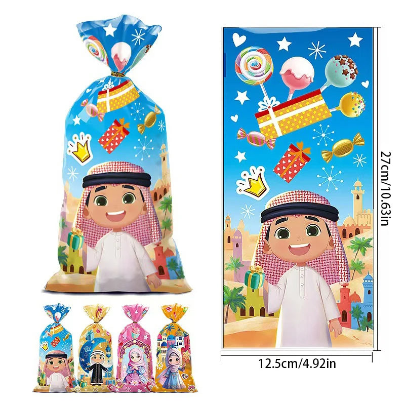 50pcs Eid Mubarak Gift Bags Plastic Cellophane Treat Bags Ramadan Decorations Clear Goodie Candy Bags for Hajj Mubarak Decor