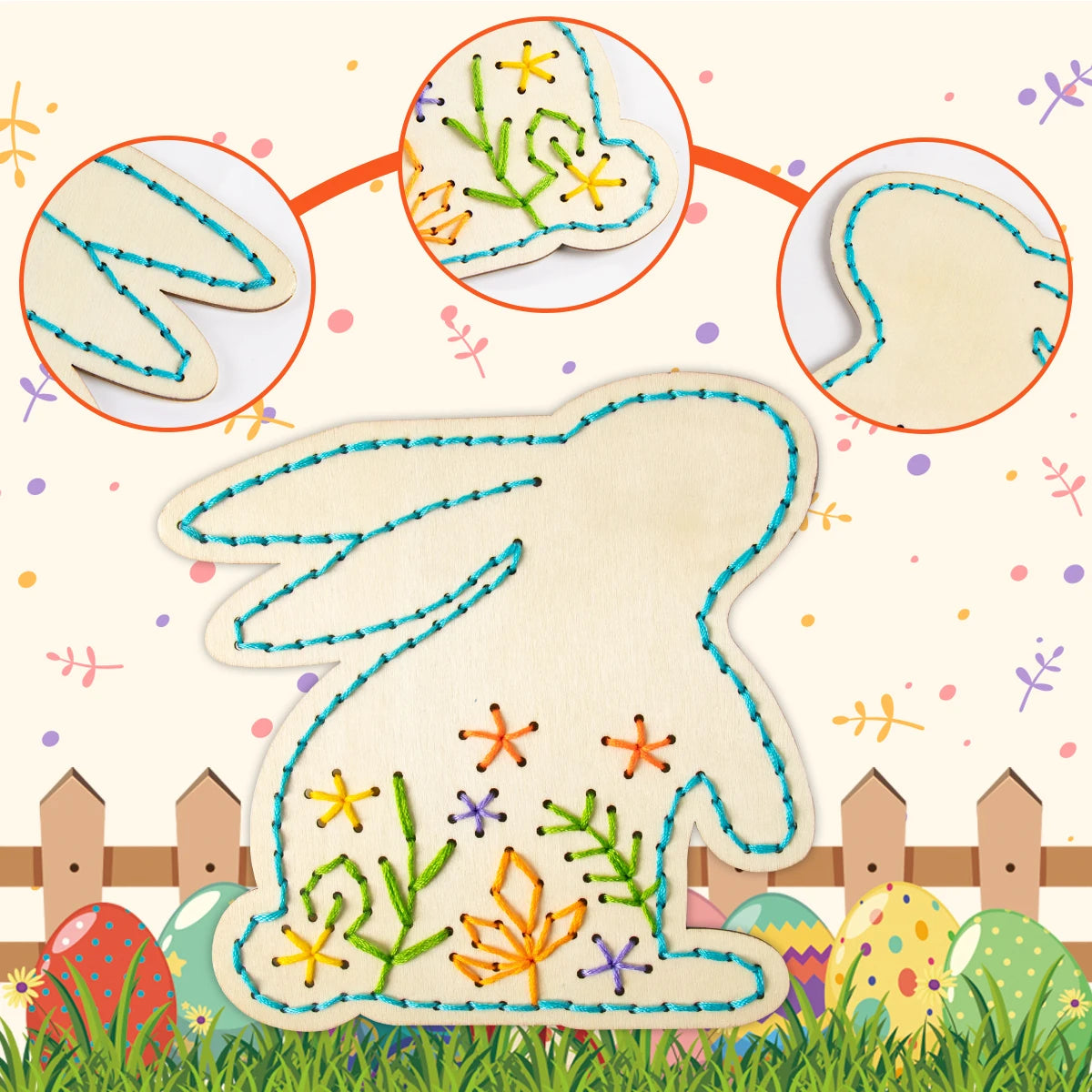 Unfinished Easter Wooden Cross Stitch Kit Easter Bunny Egg Wood Ornament Crafts Kids Party Easter Activity DIY Embroidery Set