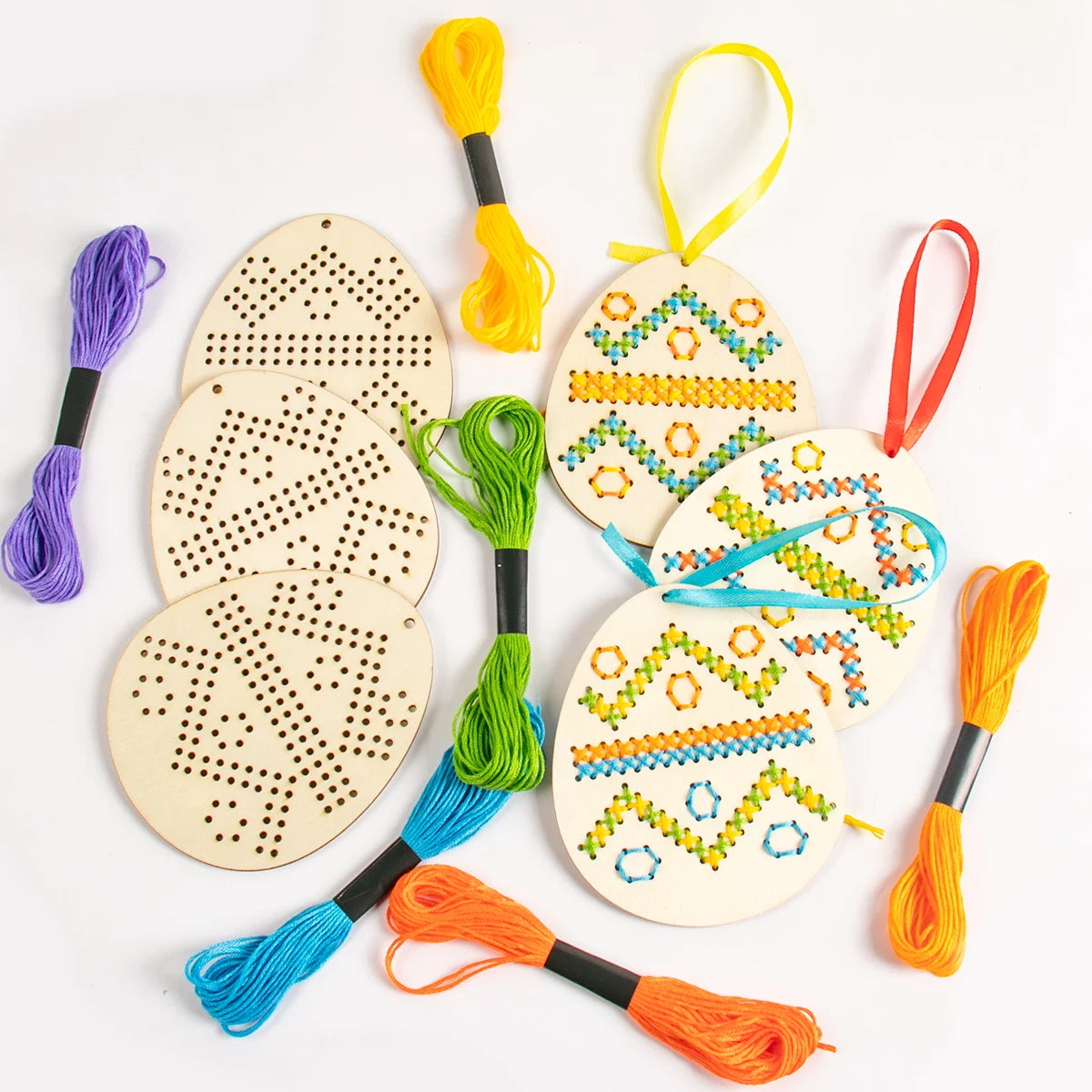 Unfinished Easter Wooden Cross Stitch Kit Easter Bunny Egg Wood Ornament Crafts Kids Party Easter Activity DIY Embroidery Set