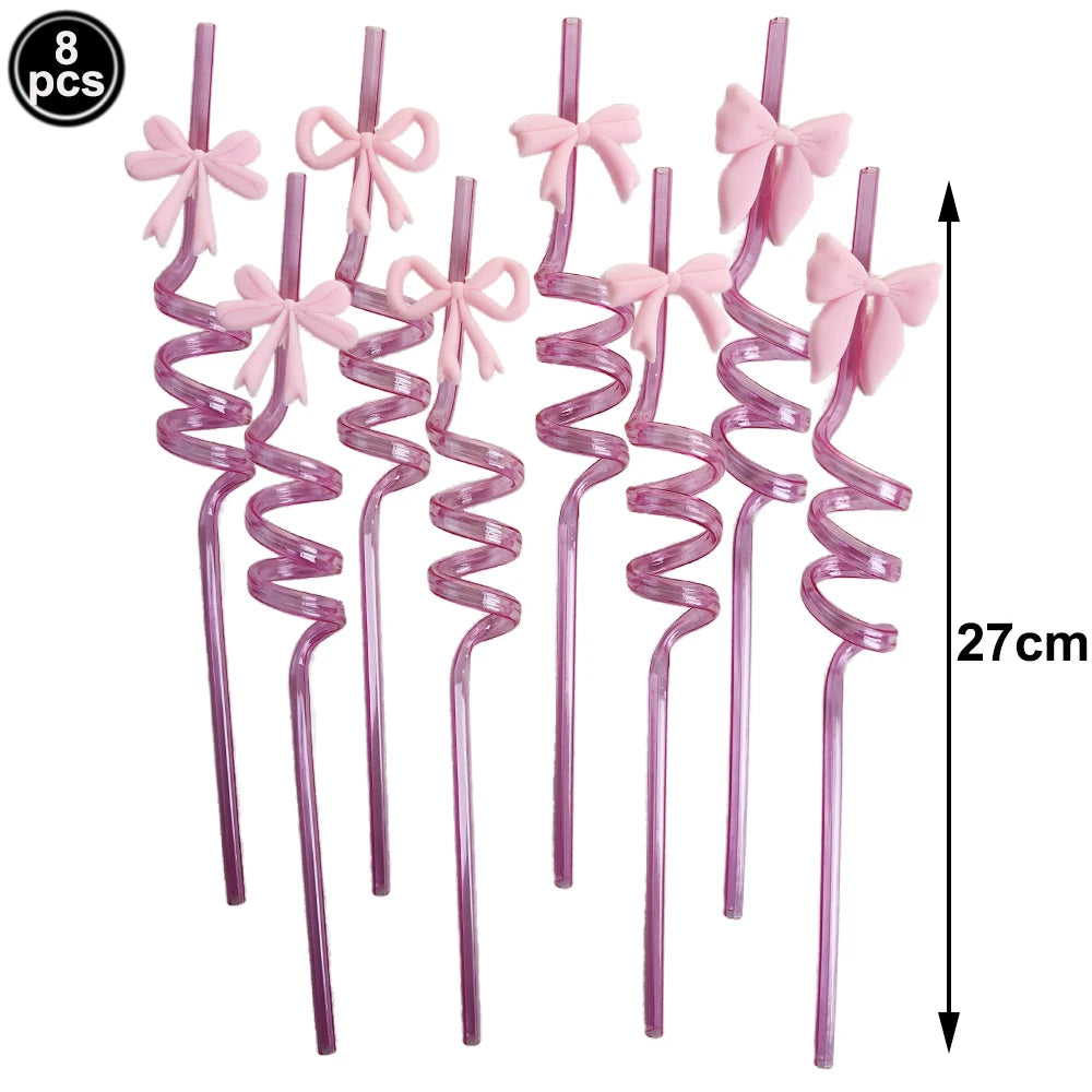 Bow Theme Party Supplies for Girl Pink Bow Cupcake Toppers Paper Drinking Straws Bridal Shower Bow Coquette Birthday Party Decor