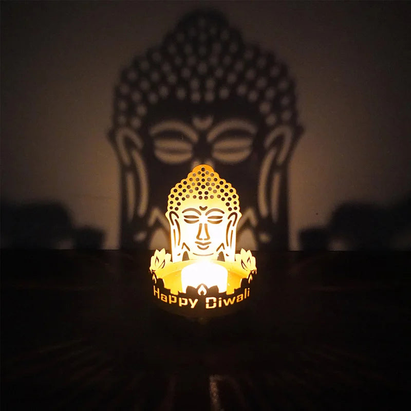 1Pc Art Metal Buddha Statue Candle Holder Crafts Home Decoration Hollow Shadow Diwali Festival Fortune Candle Lamp