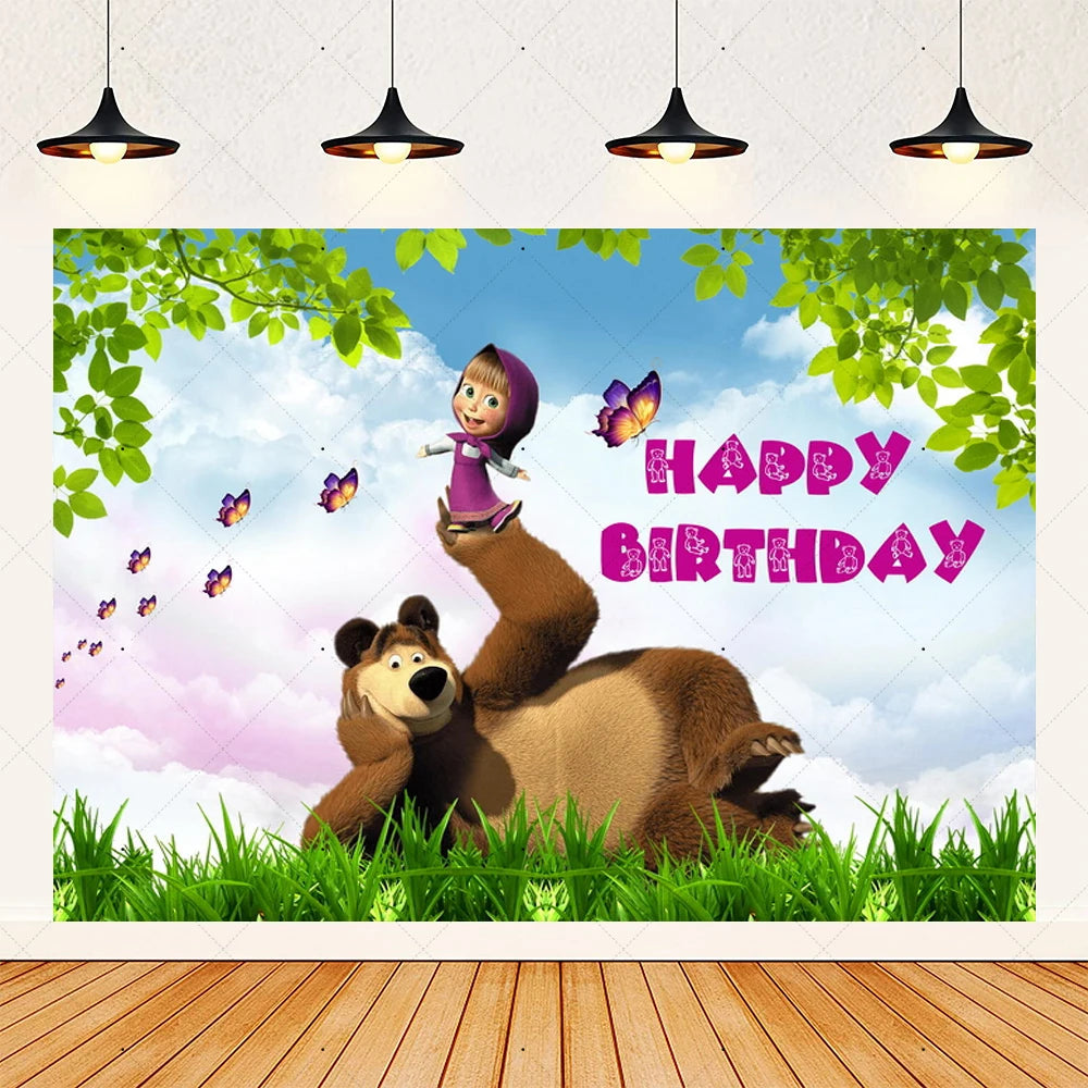 Cartoon Girl-Mashas-And Bear Kids Birthday Party Digital Balloon Banner Background Cake Topper Decoration Supplies Baby Gifts