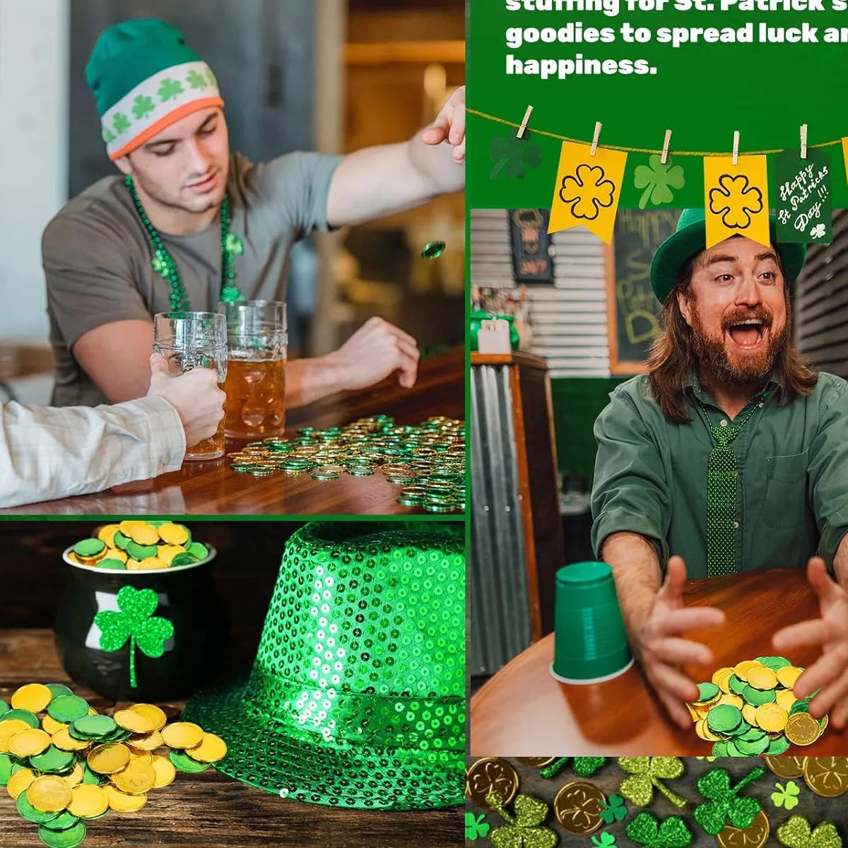 10-100Pcs St Patricks Day Prop Coins Green Gold Clover Lucky Shamrock Party Decoration Props Party Gifts Favors Green Coins Toys