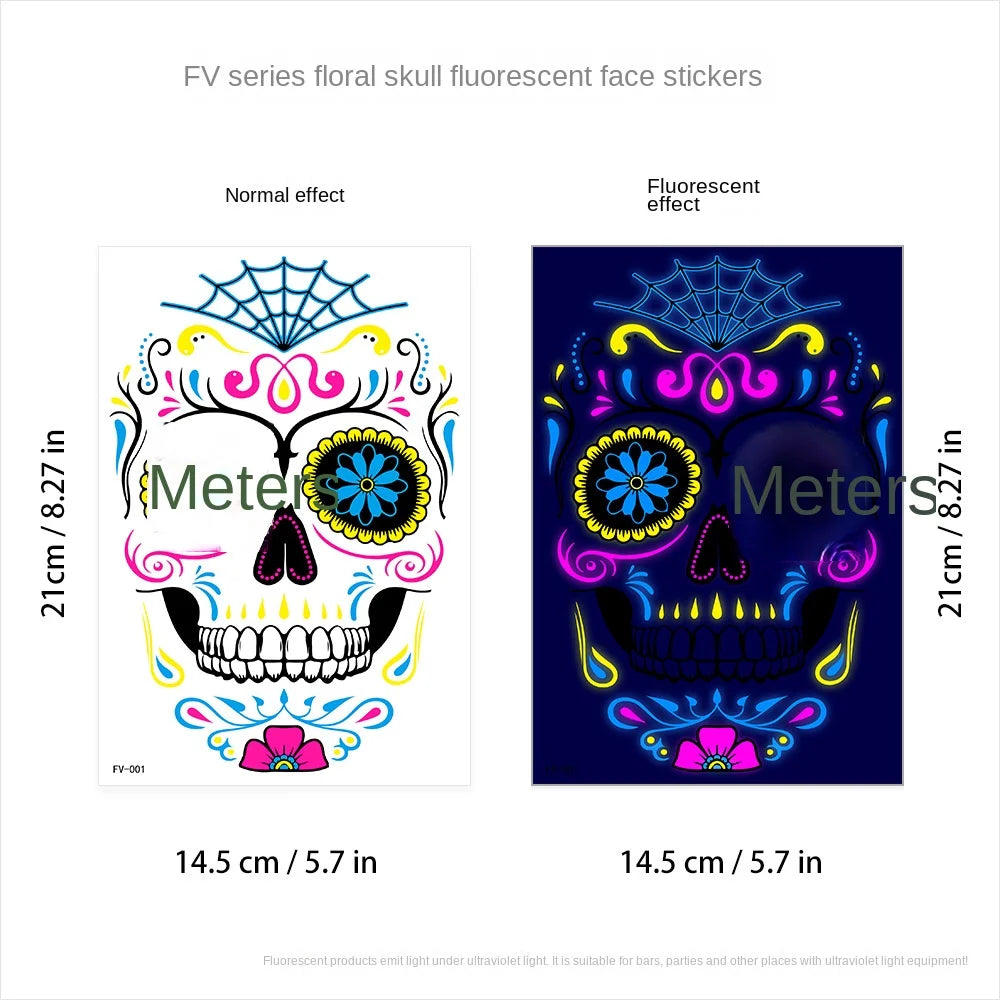 1/4/8PCS Waterproof Fluorescent Temporary Tattoo Neon Halloween Stickers Day of the Dead Party Festival Night Bar Face Stickers