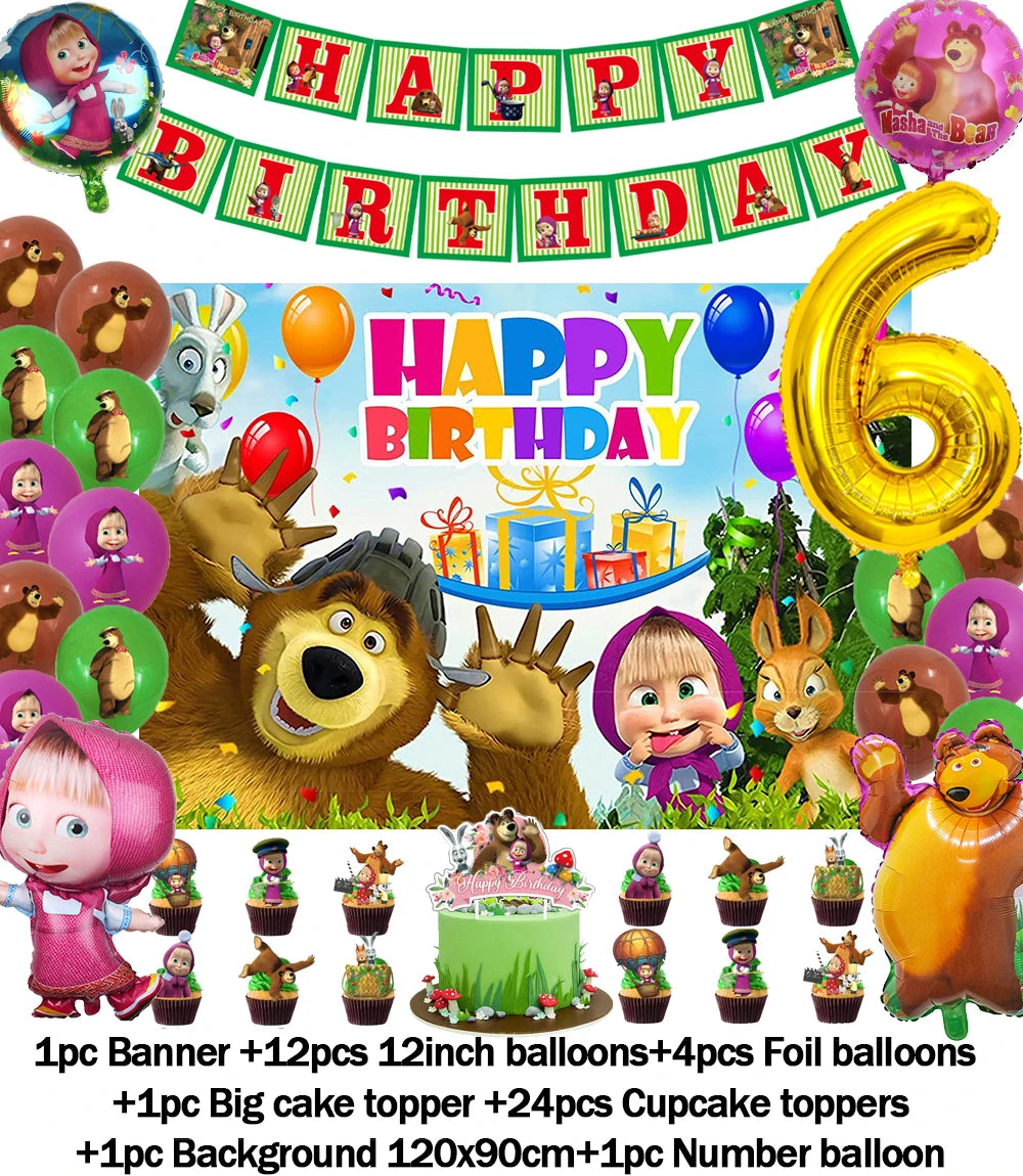 Cartoon Girl-Mashas-And Bear Kids Birthday Party Digital Balloon Banner Background Cake Topper Decoration Supplies Baby Gifts