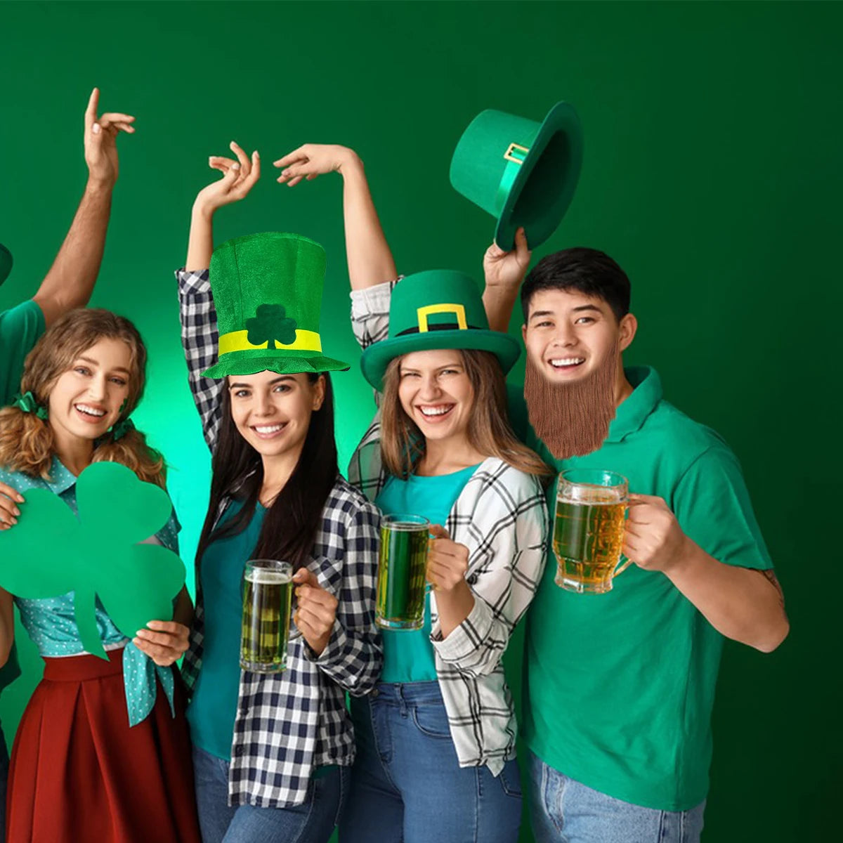 Saint Patricks Day Top Hat Holiday Fake Beard Green Celebration Costume for Irish Festival Birthday Party Decor Supplies