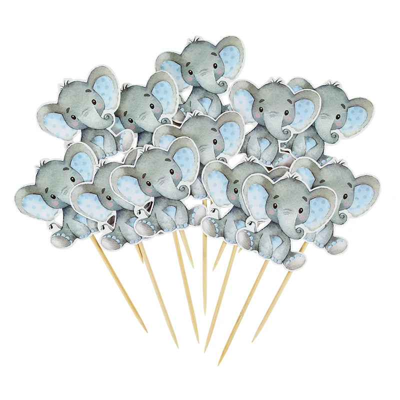 12Pcs Blue Pink Elephant Cupcake Topper Kids Birthday Baby Shower Elephant Cake Decoration Boy Girl Gender Reveal Party Supplies