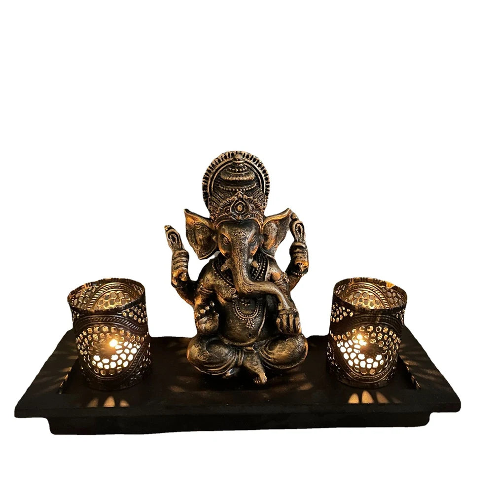 1 South Asian Indian resin retro gold elephant head divine wealth candle holder set for Diwali Candlestick ornament decoration