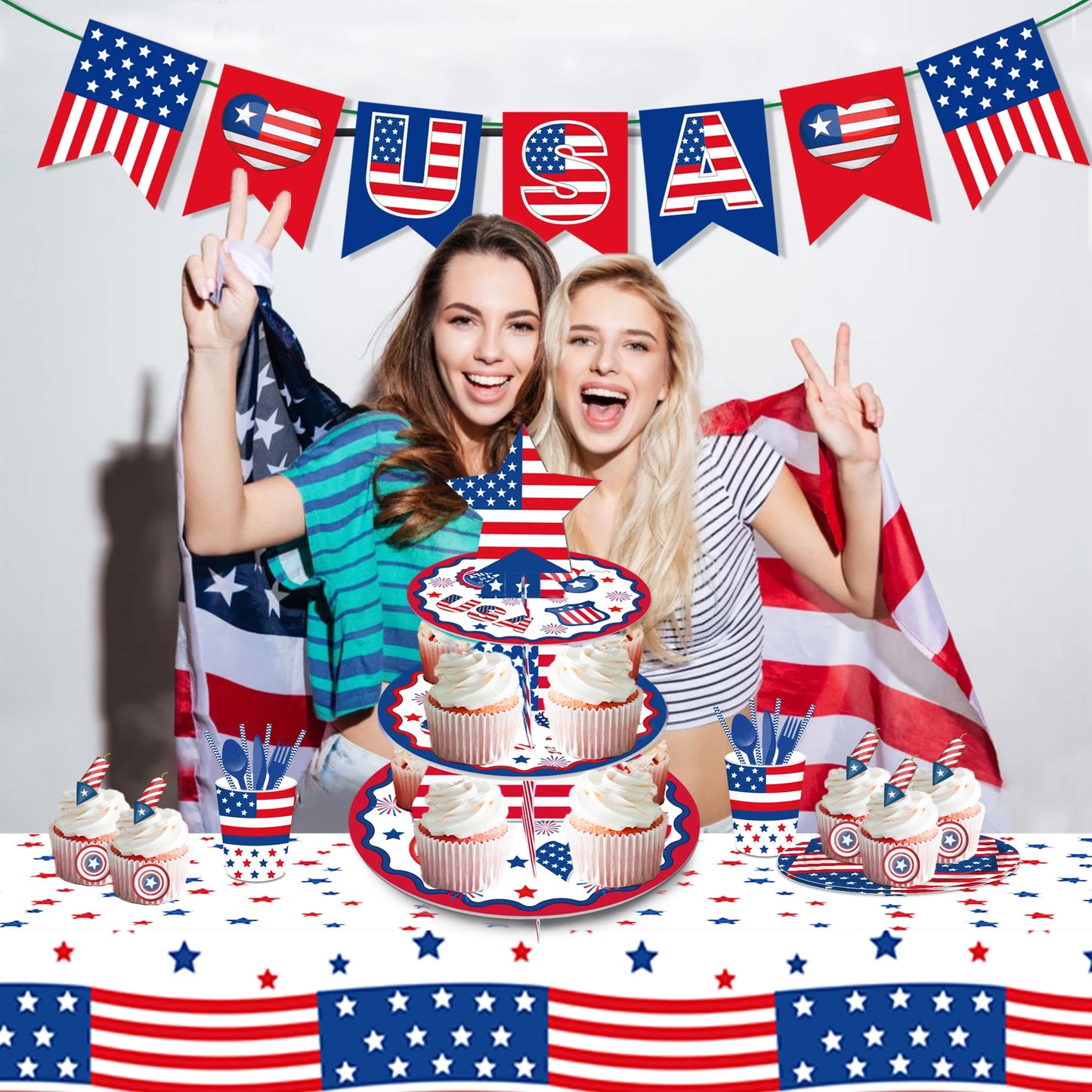 July 4th Day Independence Day Party Photobooth Props, Temporary Tattoo, Tablecover, Cake Stand, Washi Tape, Scrapbook Paper