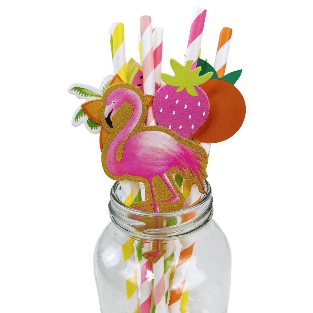 10pcs Flamingo Pineapple Paper Straws Disposable Tropical Fruit Straws Summer Striped Drinking Straws Luau Hawaiian Beach Party