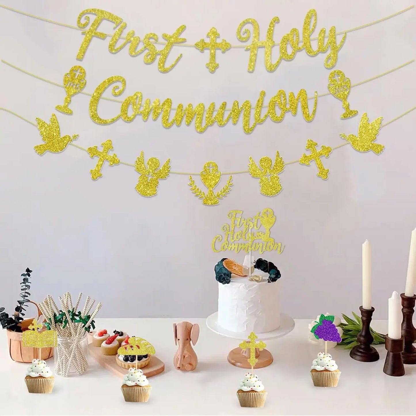 First Holy Communion Decorations First Primera Communion Banner Cake Topper Kit for Girls Boys Baptism Space Decorations