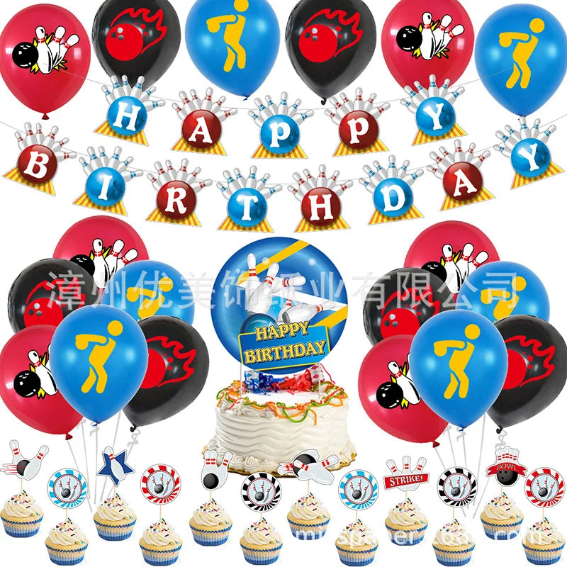 1set Bowling Themed Party Balloons Bowling Ball Birthday Banner Cake Topper For Baby Shower Boys Birthday Party Decor Supply