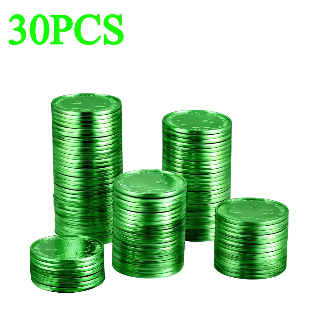 10-100Pcs St Patricks Day Prop Coins Green Gold Clover Lucky Shamrock Party Decoration Props Party Gifts Favors Green Coins Toys