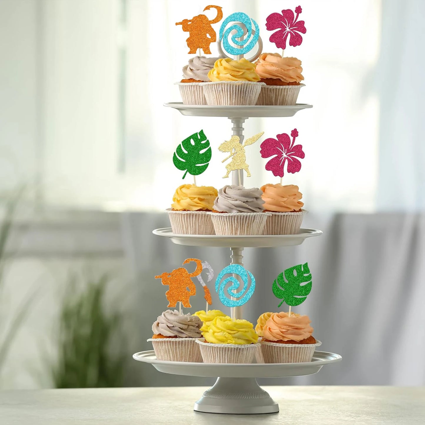 Moana Cake Topper Glittery Cupcake Toppers Hawaiian Birthday Party Decoration for Tropical Luau Summer Party Baby Shower Wedding