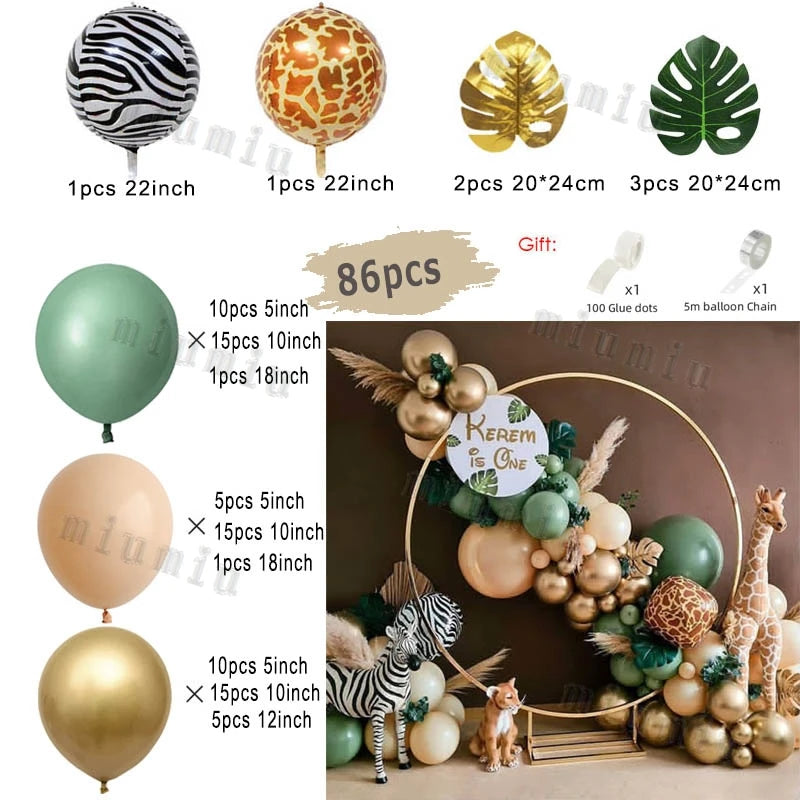 Jungle Safari Green Theme Balloon Garland Arch Kit Kids Birthday Party Metal Confetti Foil Latex Balloons Baby Shower Decoration