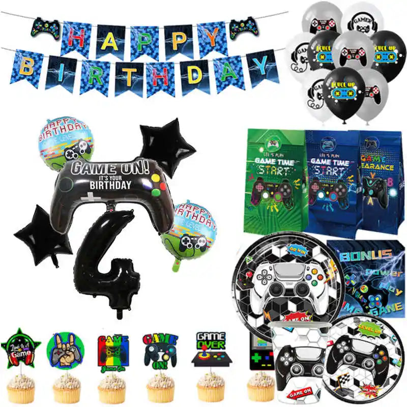 Video Game Birthday Decoration Tableware Balloons for Boy Paper Plates Cups Napkins Banner Cake Topper Video Game Party Favors