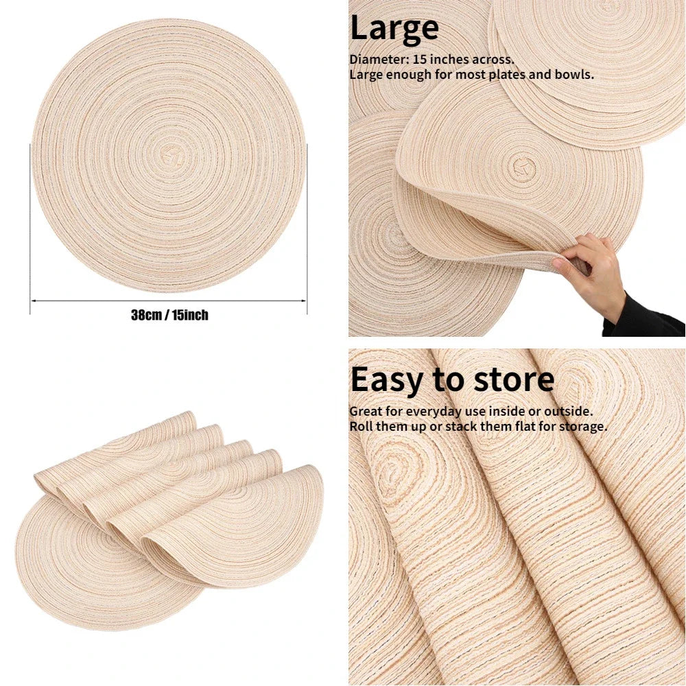 Set of 6 Round Placemats and Coasters Braided Woven Place Mats Washable Heat Resistant Table Mats and Coasters for Dining Table
