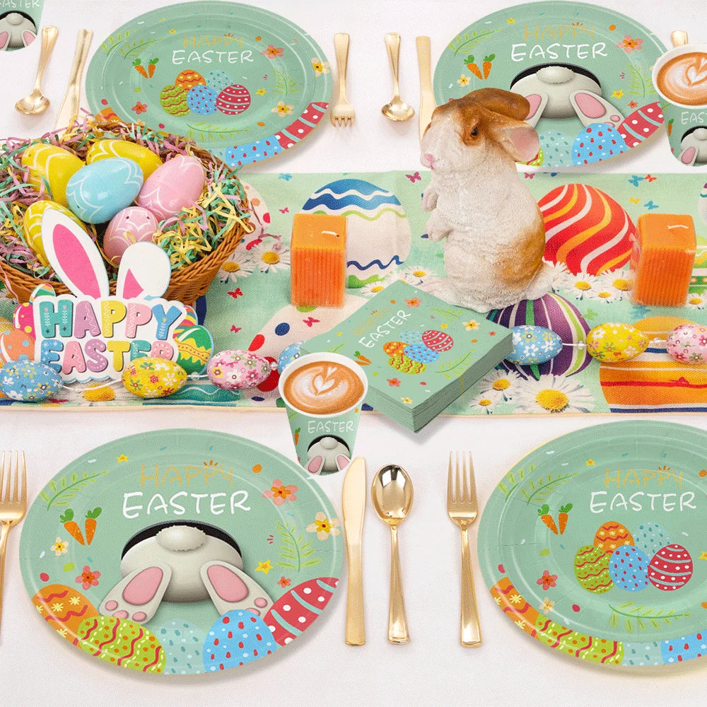 Happy Easter Party Decorations Bunny Eggs Paper Plates Cute White Rabbit Carrot Foil Balloons Kids Party Supplies Easter Favors