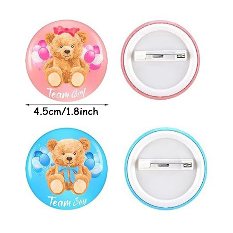 10pcs Gender Reveal Theme Tinplate Badges Cute Bear Team Boy Girl Button Pins Baby Shower Birthday Party Favors Decoration