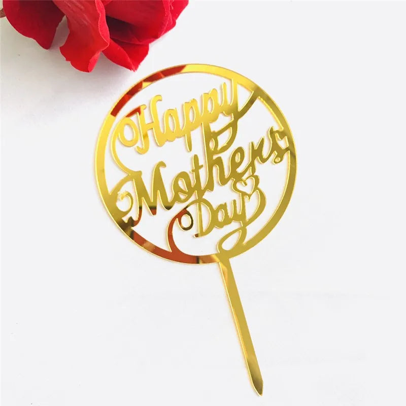 2023 Happy Mothers Day Cake Topper Gold Red Tulip Acrylic MOM Birthday Party Cake Toppers Dessert Decoration Mother's Day Gifts
