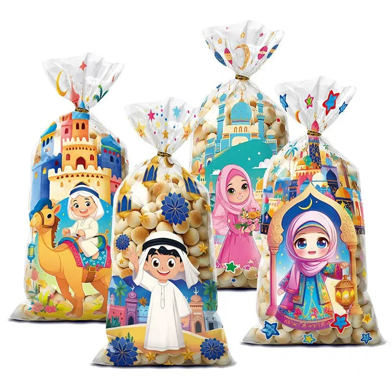 50pcs Eid Mubarak Gift Bags Plastic Cellophane Treat Bags Ramadan Decorations Clear Goodie Candy Bags for Hajj Mubarak Decor