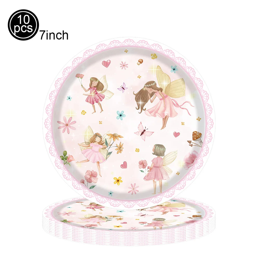 Pink Fairy Party Disposable Tableware Fairy Birthday Party Supplies Plate Cup Napkin Tablecloth Flower Fairies Birthday Decors