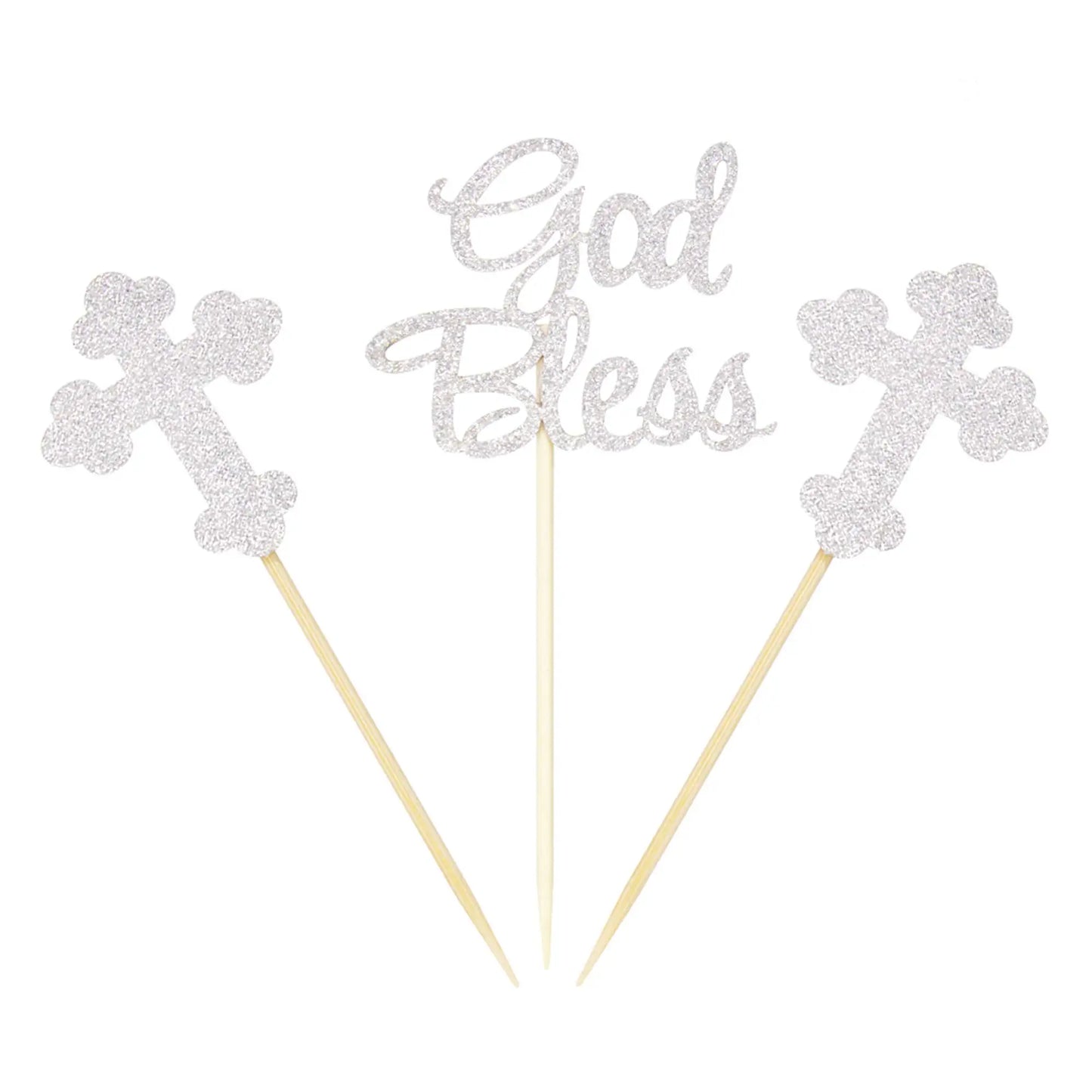 12pcs God Bless Cross Cupcake Toppers Baptism Party Decorations Glitter Bless Cake Topper Dessert Dress Up Baby Birthday