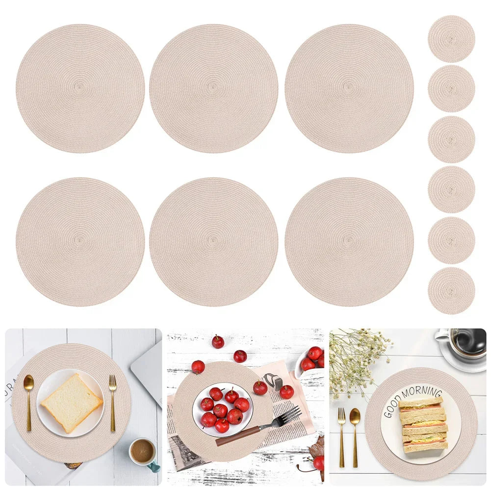 Set of 6 Round Placemats and Coasters Braided Woven Place Mats Washable Heat Resistant Table Mats and Coasters for Dining Table