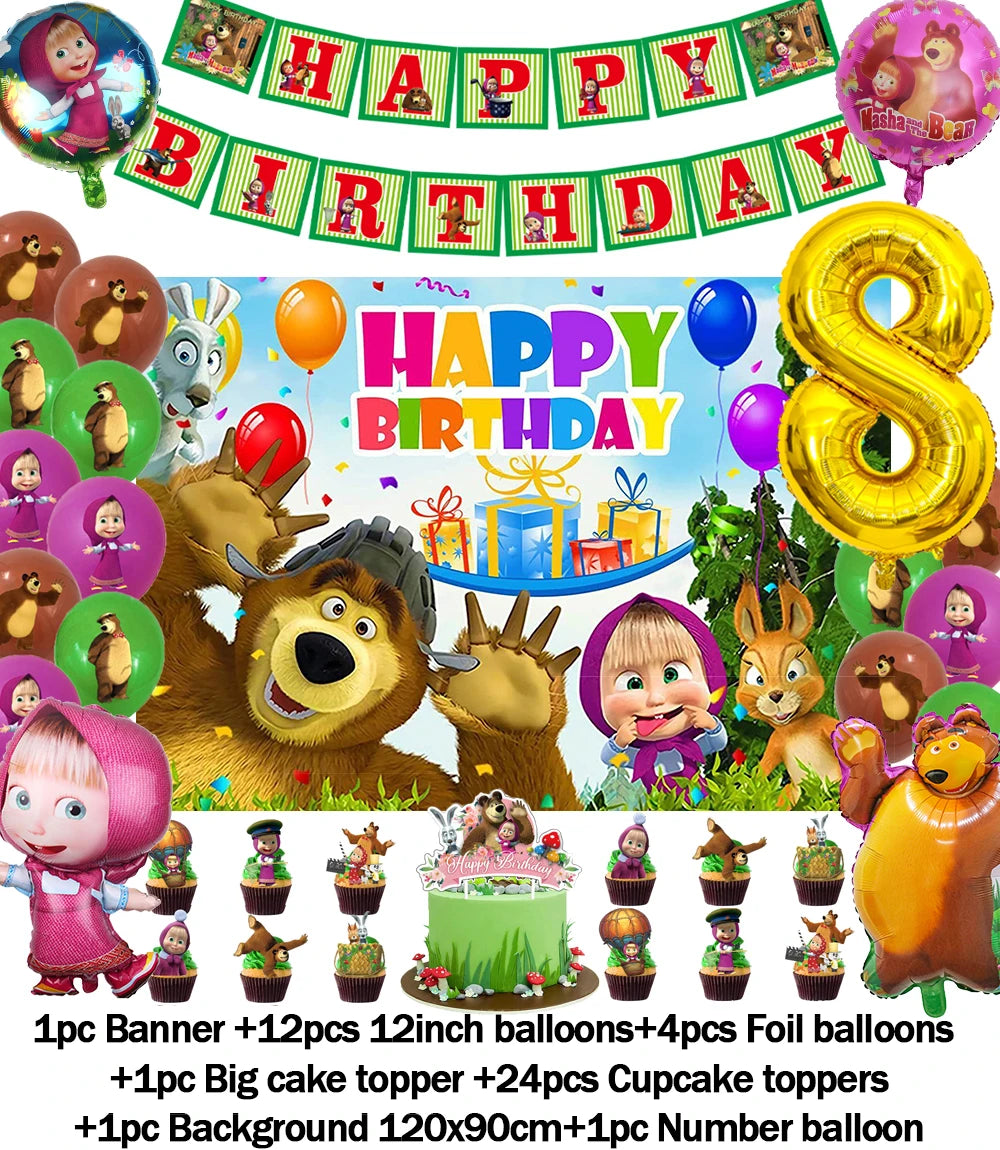 Cartoon Girl-Mashas-And Bear Kids Birthday Party Digital Balloon Banner Background Cake Topper Decoration Supplies Baby Gifts