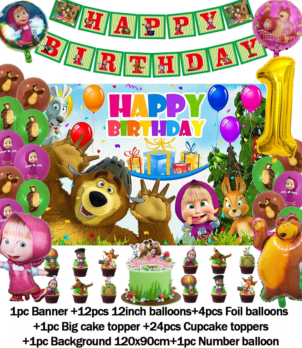 Cartoon Girl-Mashas-And Bear Kids Birthday Party Digital Balloon Banner Background Cake Topper Decoration Supplies Baby Gifts