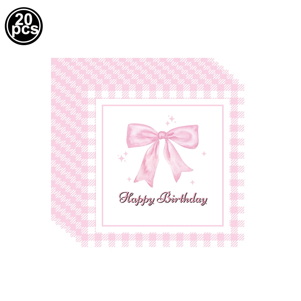 Pink Bow Plates Cups Napkins Forks for Coquette Birthday Decoration Pink Bow Theme Party Supplies for Girls Birthday Party Decor