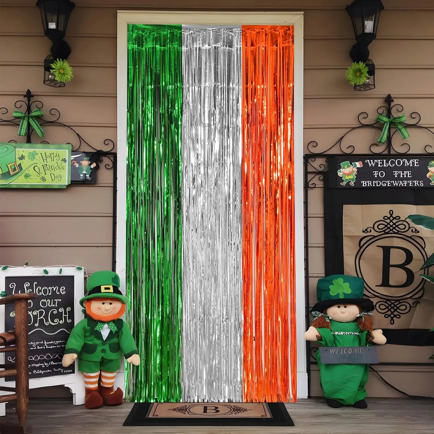 3 Pack St. Patrick's Day Foil Fringe Curtains Green White Orange Tinsel Fringe Photo Booth Prop Backdrop for Irish Party Decor