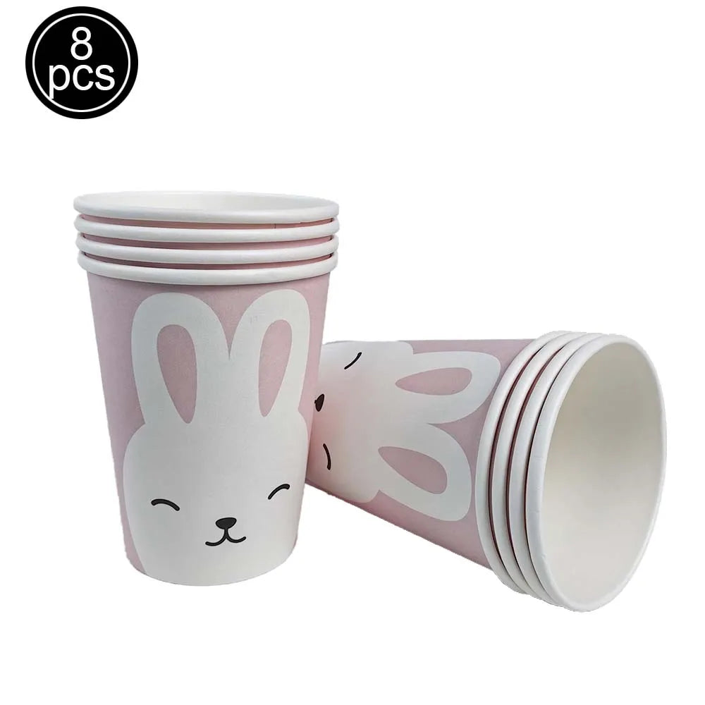 Easter Theme Disposable Tableware Cute Cartoon Bunny Rabbit Pattern Paper Plates Cups Napkins Kids Favor Easter Party Decoration