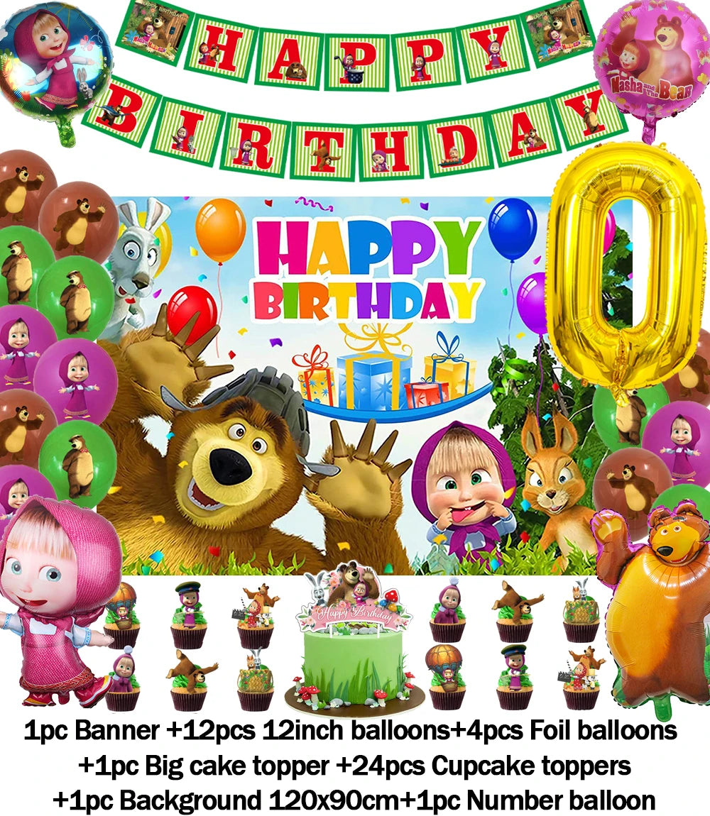 Cartoon Girl-Mashas-And Bear Kids Birthday Party Digital Balloon Banner Background Cake Topper Decoration Supplies Baby Gifts