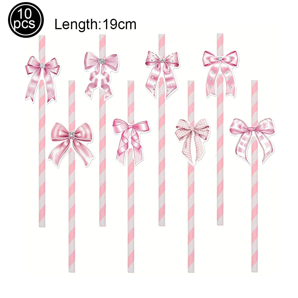 Bow Theme Party Supplies for Girl Pink Bow Cupcake Toppers Paper Drinking Straws Bridal Shower Bow Coquette Birthday Party Decor