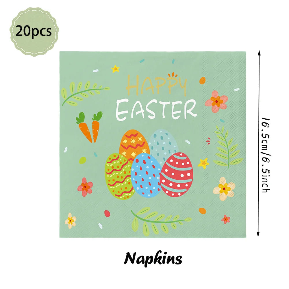 Happy Easter Party Decorations Bunny Eggs Paper Plates Cute White Rabbit Carrot Foil Balloons Kids Party Supplies Easter Favors