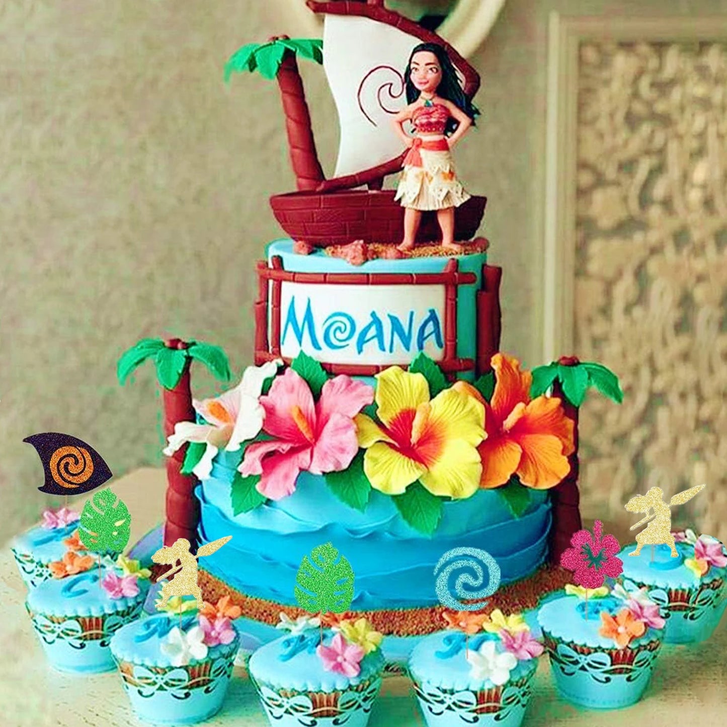 Moana Cake Topper Glittery Cupcake Toppers Hawaiian Birthday Party Decoration for Tropical Luau Summer Party Baby Shower Wedding
