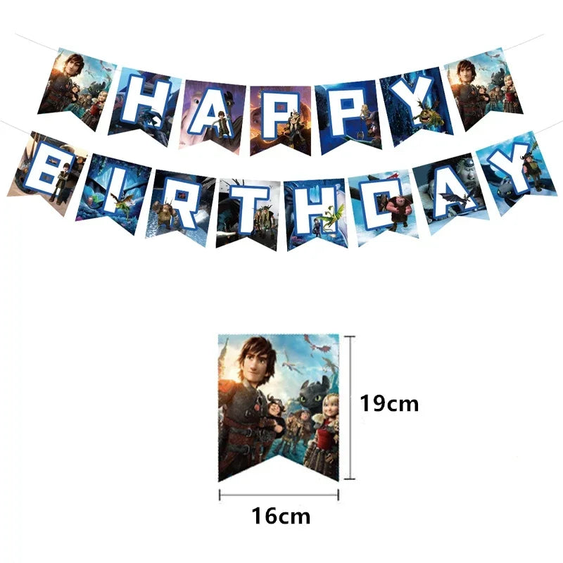 1set How Train Dragon Balloons No Teeth Toothlessing Green Eye Black Loong Party Decoration Happy Birthday Banner Cake Topper