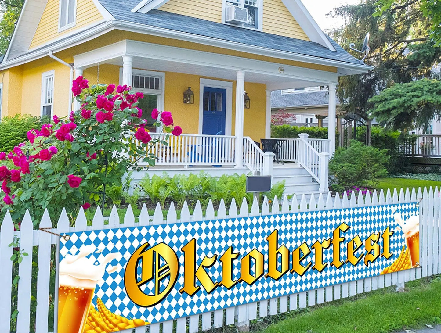 Oktoberfest Fence Banner for German October Fest Themed Party Decoration Blue Bavarian Flag Hanging Banner for Beer Party Supply