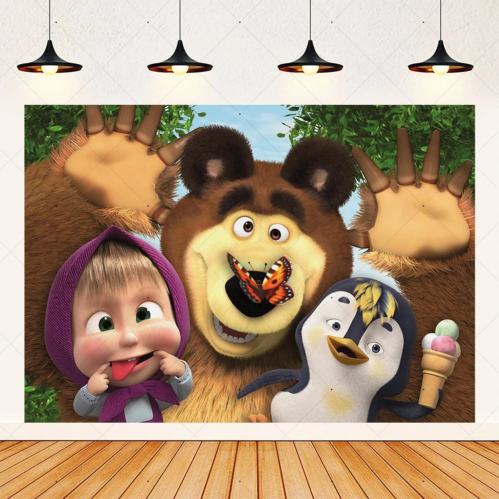 Cartoon Girl-Mashas-And Bear Kids Birthday Party Digital Balloon Banner Background Cake Topper Decoration Supplies Baby Gifts