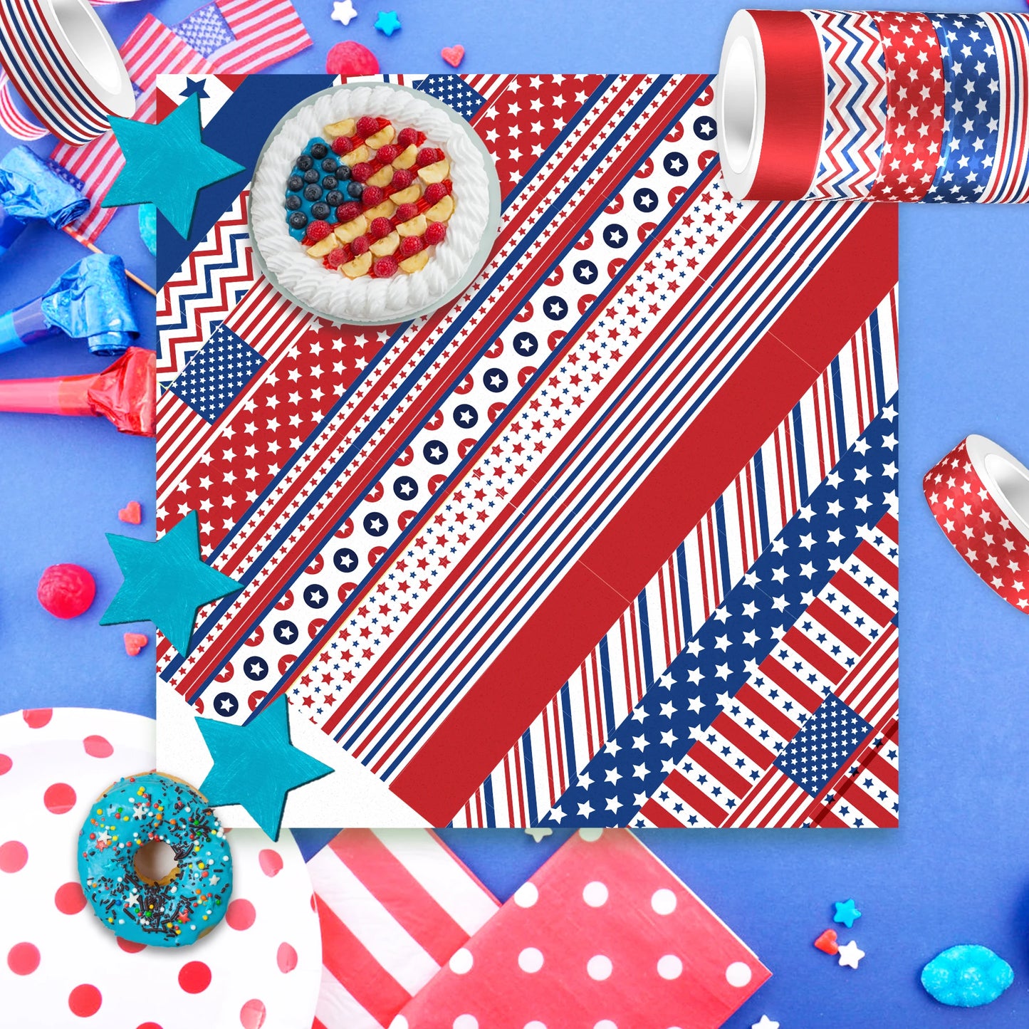 July 4th Day Independence Day Party Photobooth Props, Temporary Tattoo, Tablecover, Cake Stand, Washi Tape, Scrapbook Paper