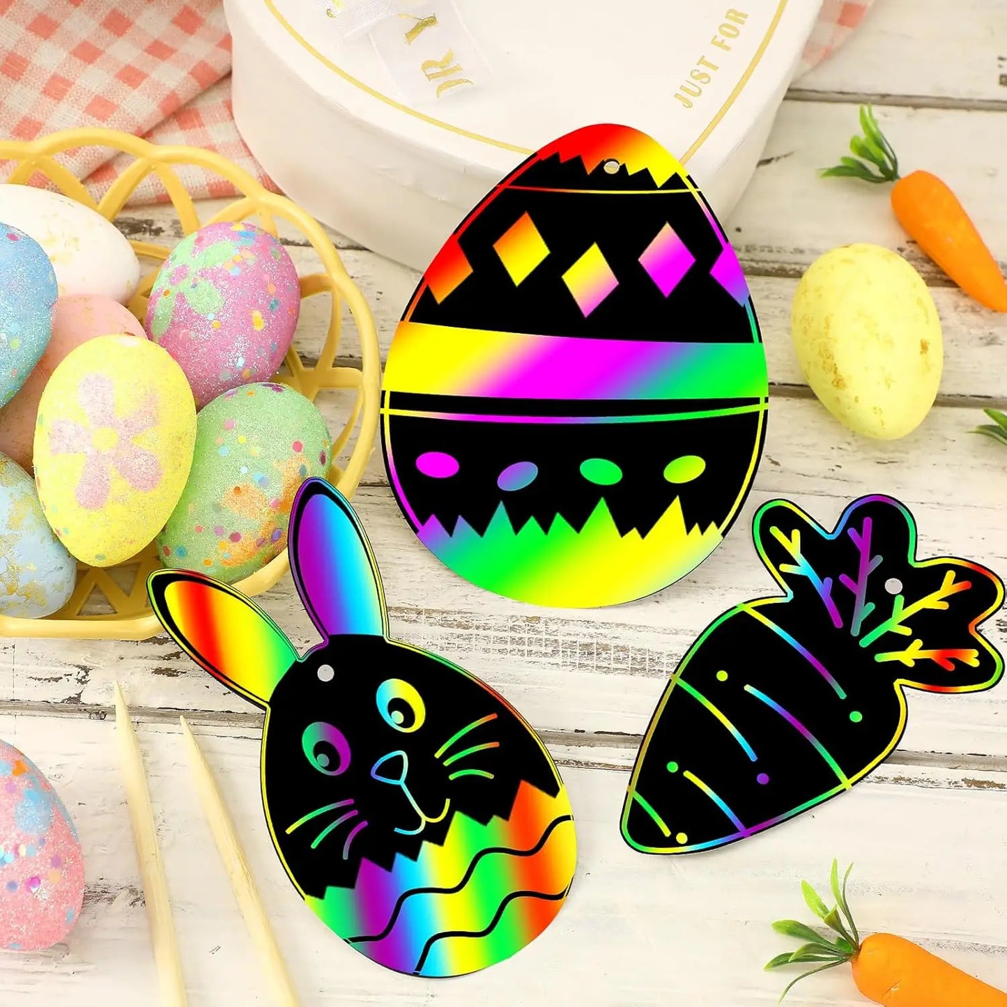 12pcs Easter Magic Scratch Paint Easter Eggs Crafts DIY for Making Holiday Gifts Egg Basket Fillers Party Decorations