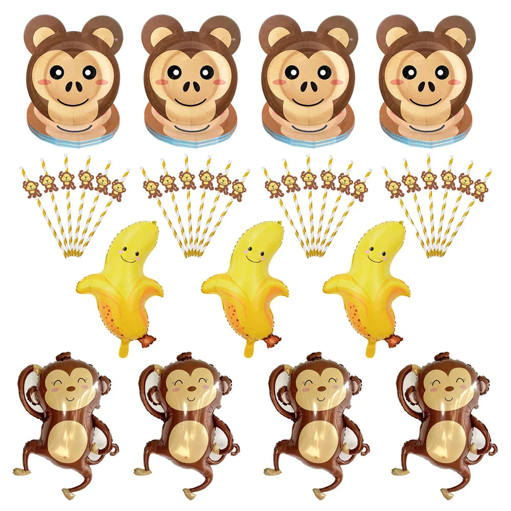 Monkey Party Supplies George Birthday Decorations Monkey Paper Plates Straw for Dinner Monkey Balloon Cake Decor