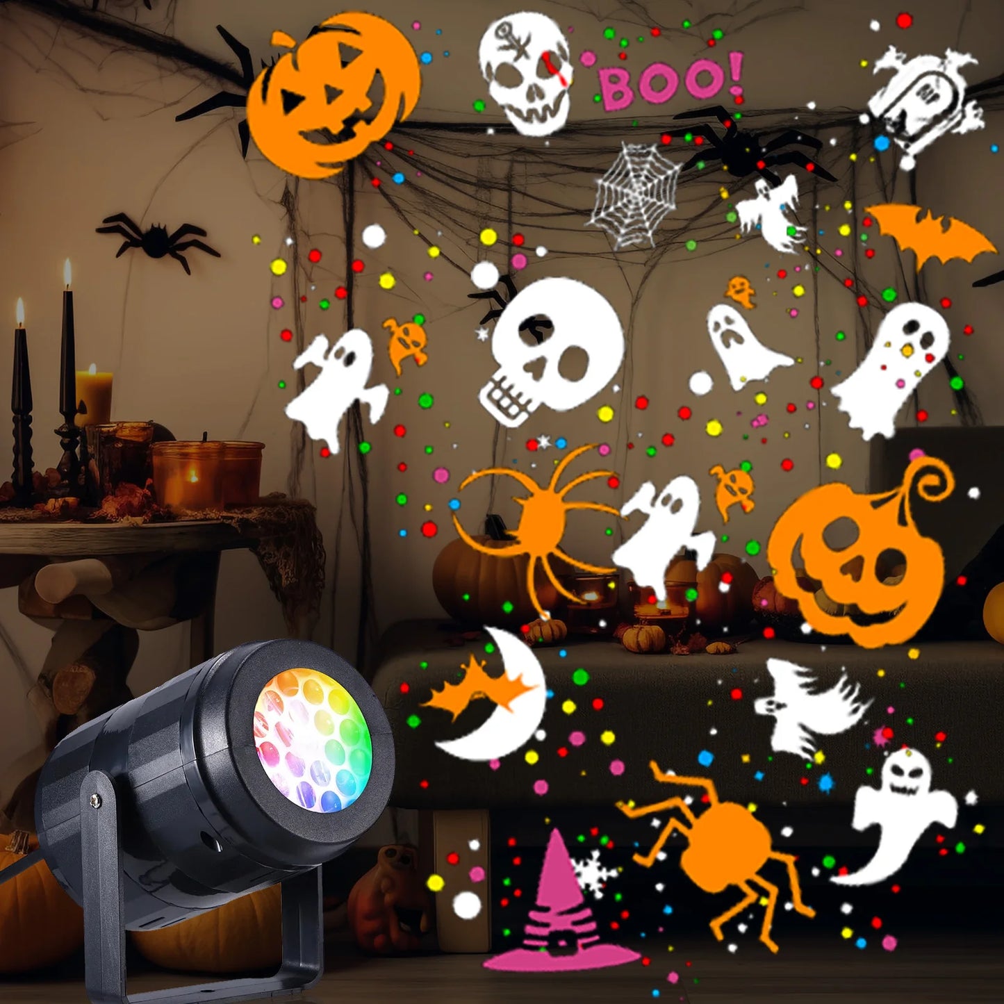 USB Power Halloween Decoration Projector Light Pumpkin Spider Bat Dynamic Pattens Projector Night Light for Bedroom Room Party